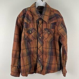 Wrangler Retro Kids Plaid Western Shirt Snap Button Brown Orange Size S (5-6)